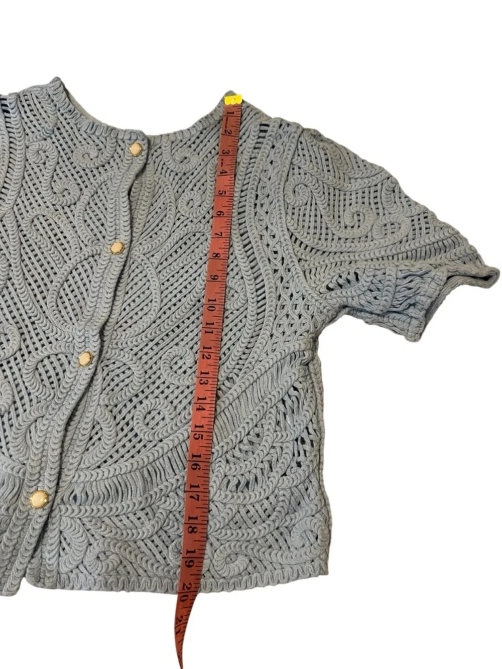 WHBM White House Black Market Blue Crochet Top Puff Sleeve Open Knit Cottagecore - Picture 9 of 14